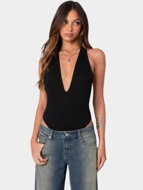 Deep V Black Halter Bodysuit